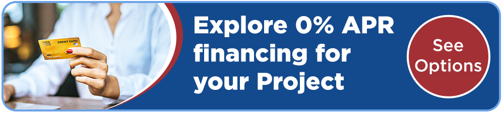 Banner ad offering 0% APR financing for your project; left shows a hand holding a credit card, right features a 'See Options' button.